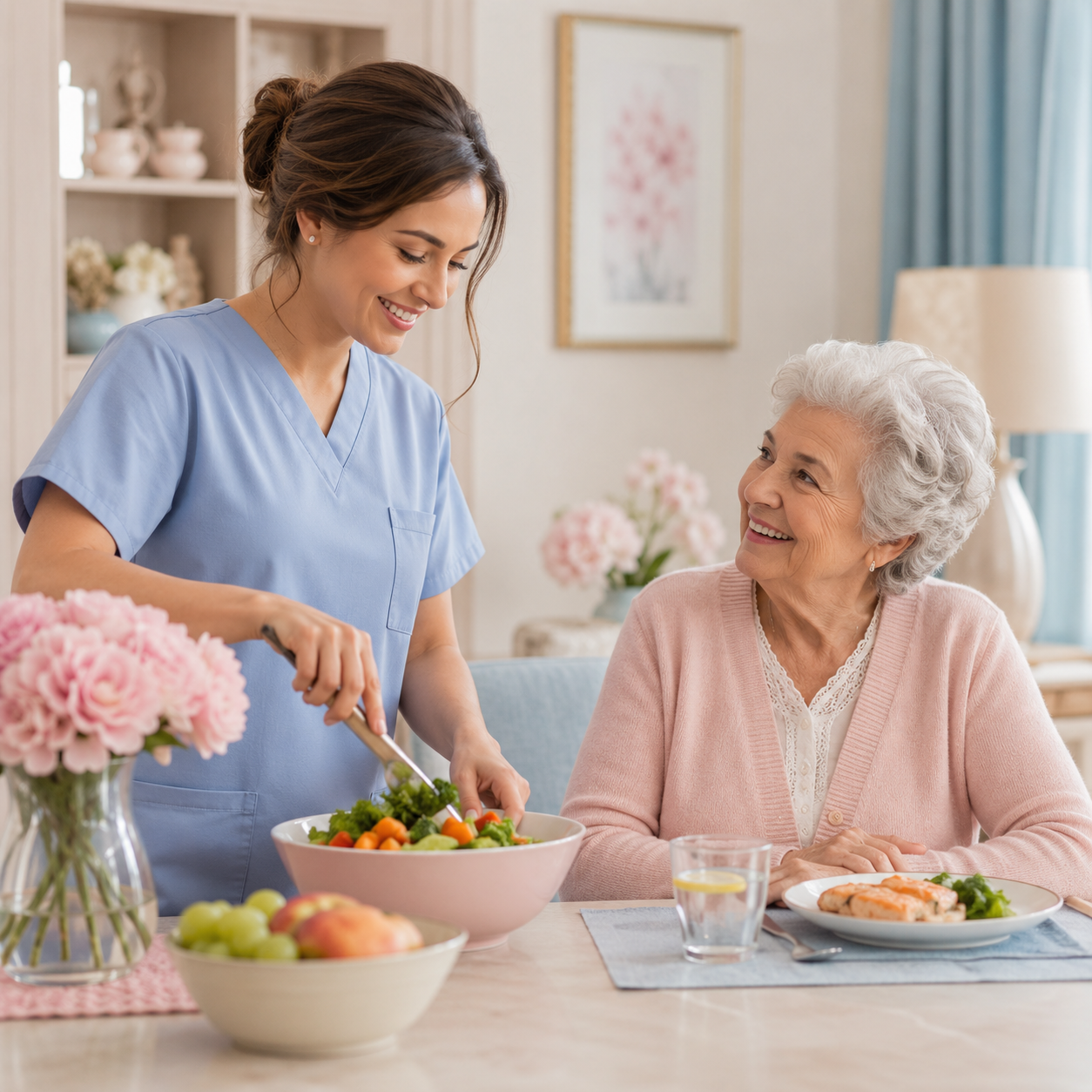 Senior and Caregiver. Meal Preparation