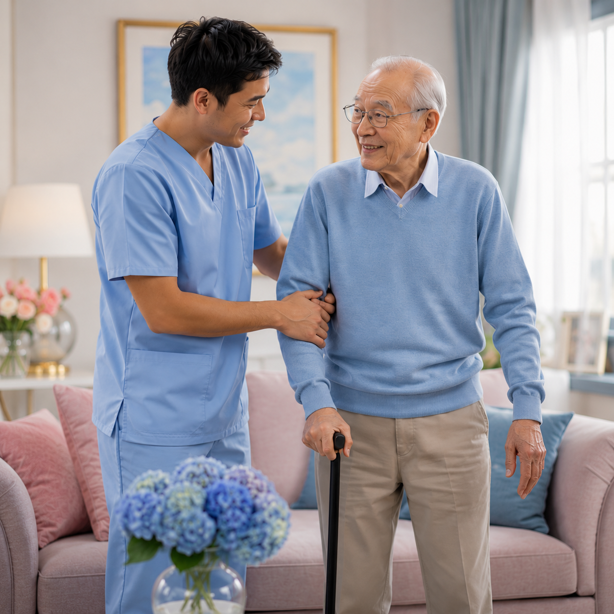 Warm caregiving in a peaceful home